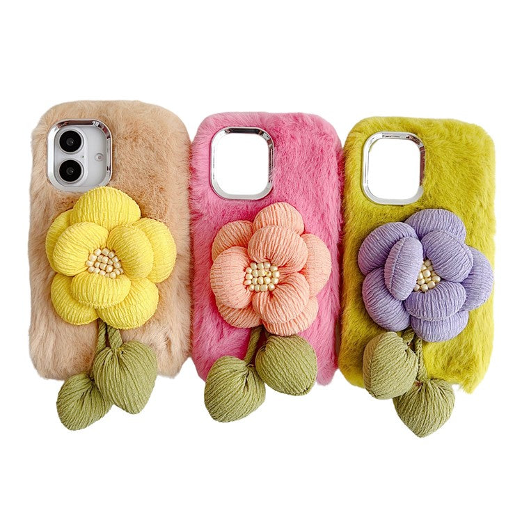 For iPhone 16 Plush Phone Case 3D Flower Decor Fluffy TPU Back Cover - Pink