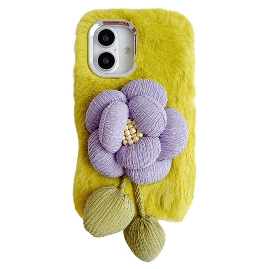 For iPhone 16 Plush Phone Case 3D Flower Decor Fluffy TPU Back Cover - Green