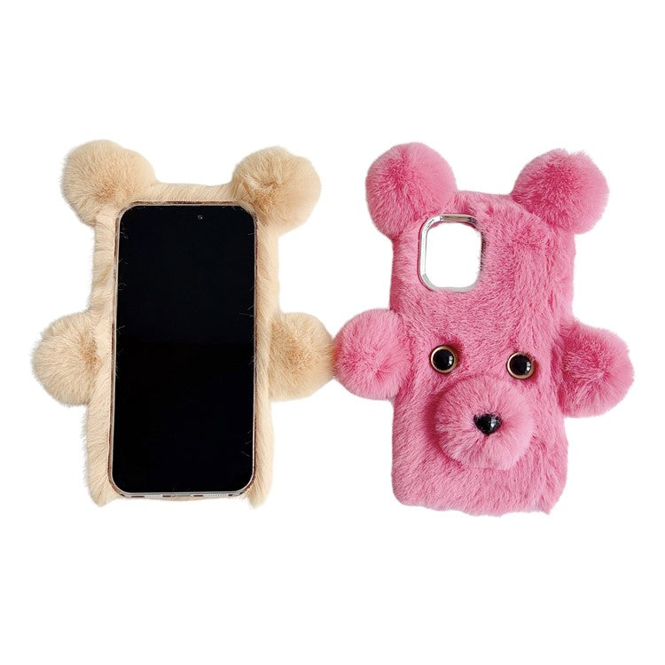 For iPhone 16 Case 3D Bear Faux Fur Fluffy Inner TPU Phone Cover - Beige