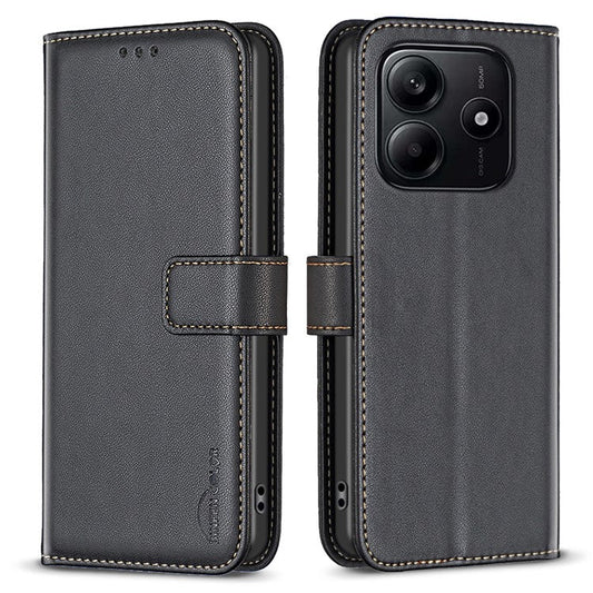 BINFEN COLOR BF17 For Xiaomi Redmi Note 14 5G Case Wallet Folio Flip Leather Cover - Black