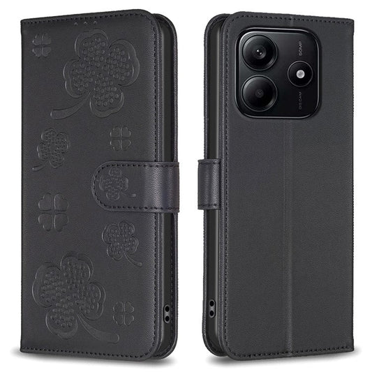 For Xiaomi Redmi Note 14 5G Case Clover Pattern Wallet Stand View Leather Phone Cover - Black