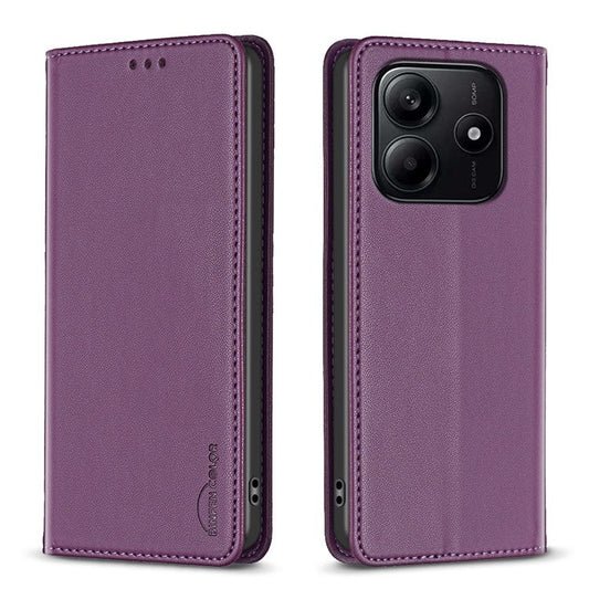 BINFEN COLOR BF18 For Xiaomi Redmi Note 14 5G Leather Case Card Slots Phone Cover - Dark Purple
