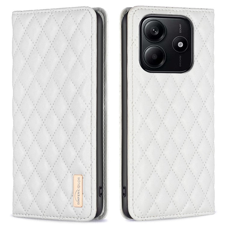 BINFEN COLOR BF Style-16 For Xiaomi Redmi Note 14 5G Case Card Slots Rhombus Leather Cover - White