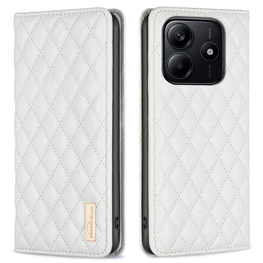 BINFEN COLOR BF Style-16 For Xiaomi Redmi Note 14 5G Case Card Slots Rhombus Leather Cover - White