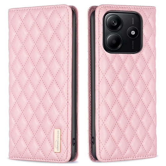 BINFEN COLOR BF Style-16 For Xiaomi Redmi Note 14 5G Case Card Slots Rhombus Leather Cover - Pink