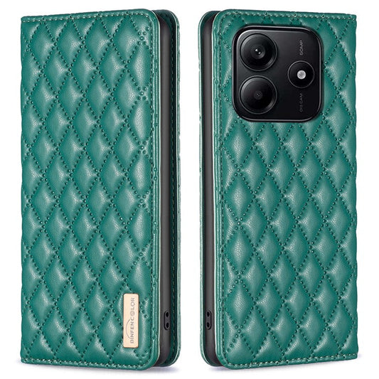 BINFEN COLOR BF Style-16 For Xiaomi Redmi Note 14 5G Case Card Slots Rhombus Leather Cover - Green