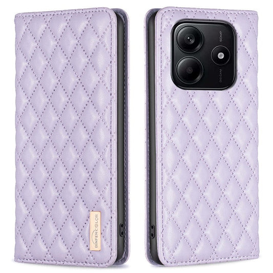 BINFEN COLOR BF Style-16 For Xiaomi Redmi Note 14 5G Case Card Slots Rhombus Leather Cover - Purple