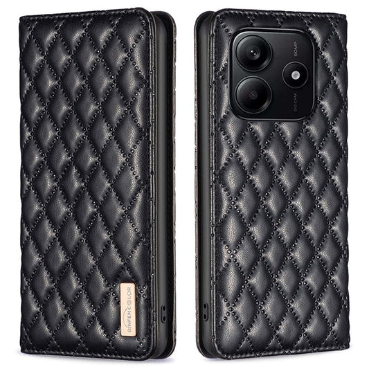 BINFEN COLOR BF Style-16 For Xiaomi Redmi Note 14 5G Case Card Slots Rhombus Leather Cover - Black