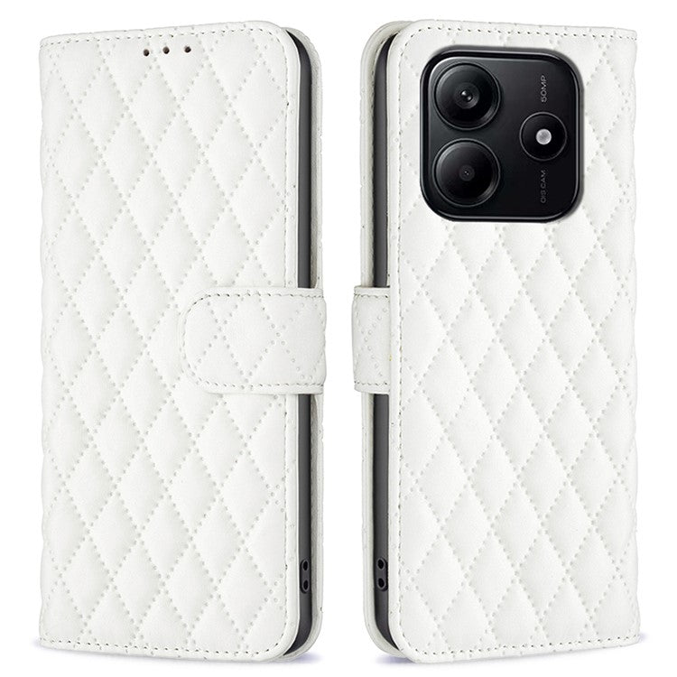 BINFEN COLOR BF Style-14 For Xiaomi Redmi Note 14 5G Case Rhombus Phone Leather Cover Stand - White