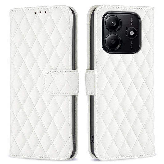 BINFEN COLOR BF Style-14 For Xiaomi Redmi Note 14 5G Case Rhombus Phone Leather Cover Stand - White