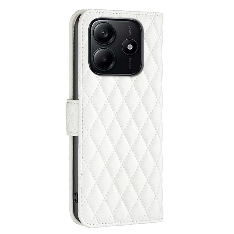 BINFEN COLOR BF Style-14 For Xiaomi Redmi Note 14 5G Case Rhombus Phone Leather Cover Stand - White