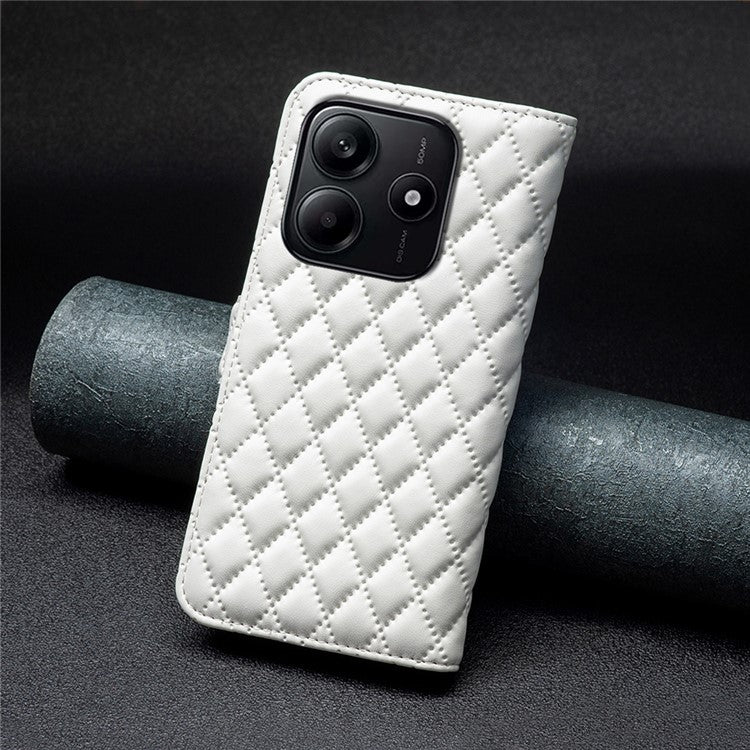 BINFEN COLOR BF Style-14 For Xiaomi Redmi Note 14 5G Case Rhombus Phone Leather Cover Stand - White