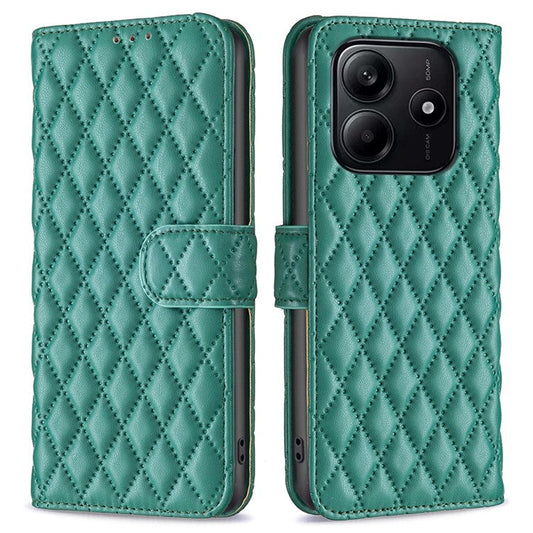 BINFEN COLOR BF Style-14 For Xiaomi Redmi Note 14 5G Case Rhombus Phone Leather Cover Stand - Green
