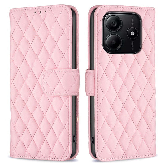 BINFEN COLOR BF Style-14 For Xiaomi Redmi Note 14 5G Case Rhombus Phone Leather Cover Stand - Pink