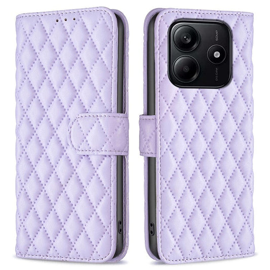 BINFEN COLOR BF Style-14 For Xiaomi Redmi Note 14 5G Case Rhombus Phone Leather Cover Stand - Purple