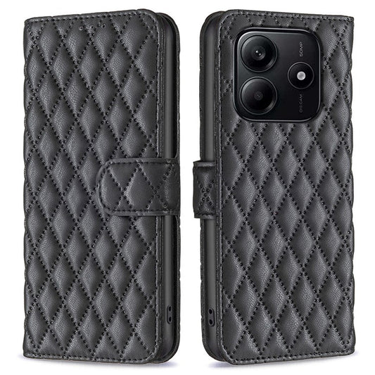 BINFEN COLOR BF Style-14 For Xiaomi Redmi Note 14 5G Case Rhombus Phone Leather Cover Stand - Black