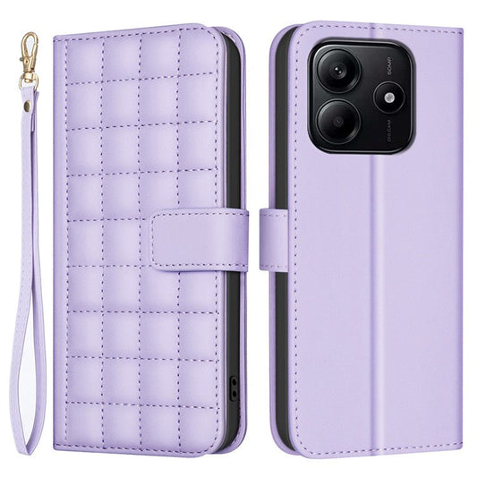 BINFEN COLOR BF34 for Xiaomi Redmi Note 14 5G Leather Case Wallet Square Grid Phone Cover - Light Purple