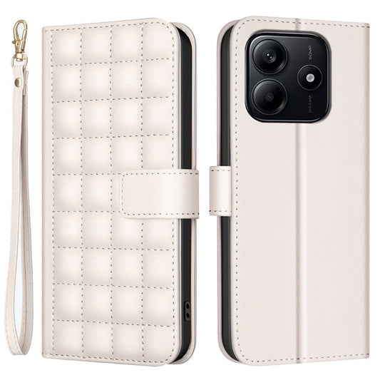 BINFEN COLOR BF34 for Xiaomi Redmi Note 14 5G Leather Case Wallet Square Grid Phone Cover - Beige