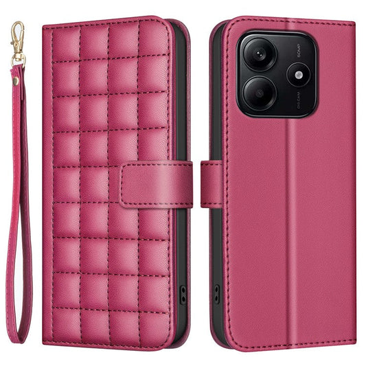 BINFEN COLOR BF34 for Xiaomi Redmi Note 14 5G Leather Case Wallet Square Grid Phone Cover - Red