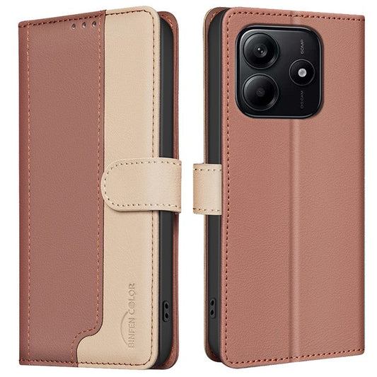 BINFEN COLOR BF33 for Xiaomi Redmi Note 14 5G Leather Case Splicing Color RFID Blocking - Brown