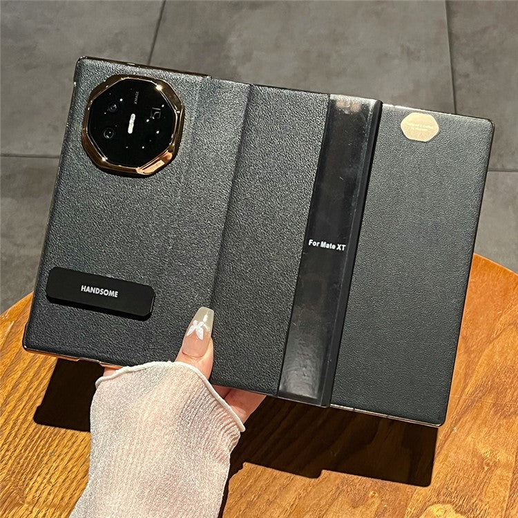 For Huawei Mate XT Ultimate Case Kickstand Electroplating PU Leather+PC Phone Cover - Black