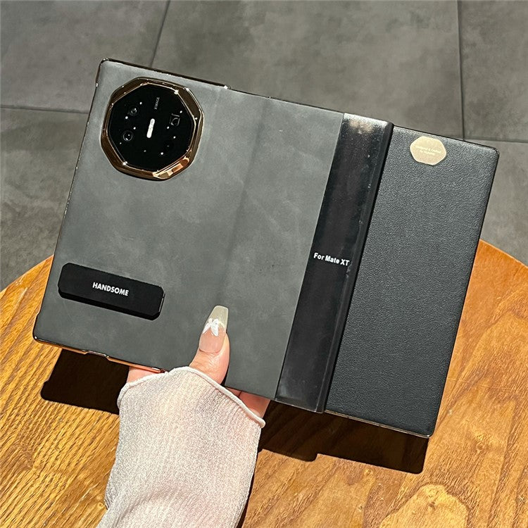 For Huawei Mate XT Ultimate Case Sheepskin Leather+PC Kickstand Phone Cover - Black