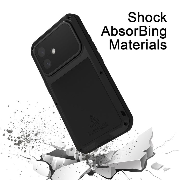 LOVE MEI For iPhone 16 Case Tempered Glass Screen Protector Metal+Silicone Phone Cover - Red