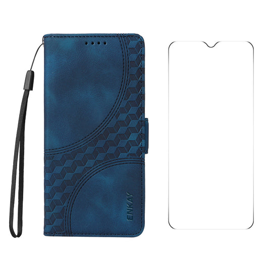 For Xiaomi Poco C75 4G / Redmi 14R 5G / 14C 4G Wallet Case ENKAY Imprint PU Leather Phone Stand Cover with Tempered Glass - Blue