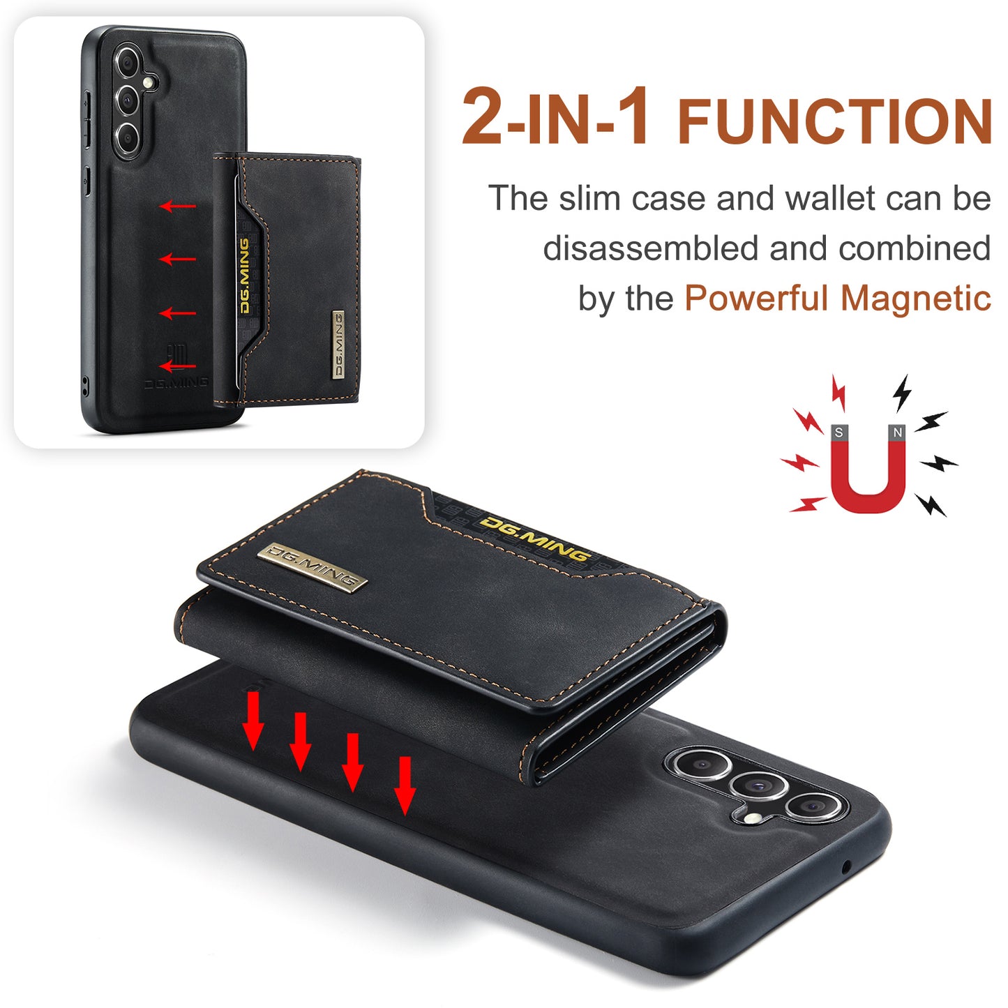 DG.MING M2 Series for Samsung Galaxy A16 5G / A16 4G Case PU+PC+TPU Phone Cover Detachable Wallet - Black