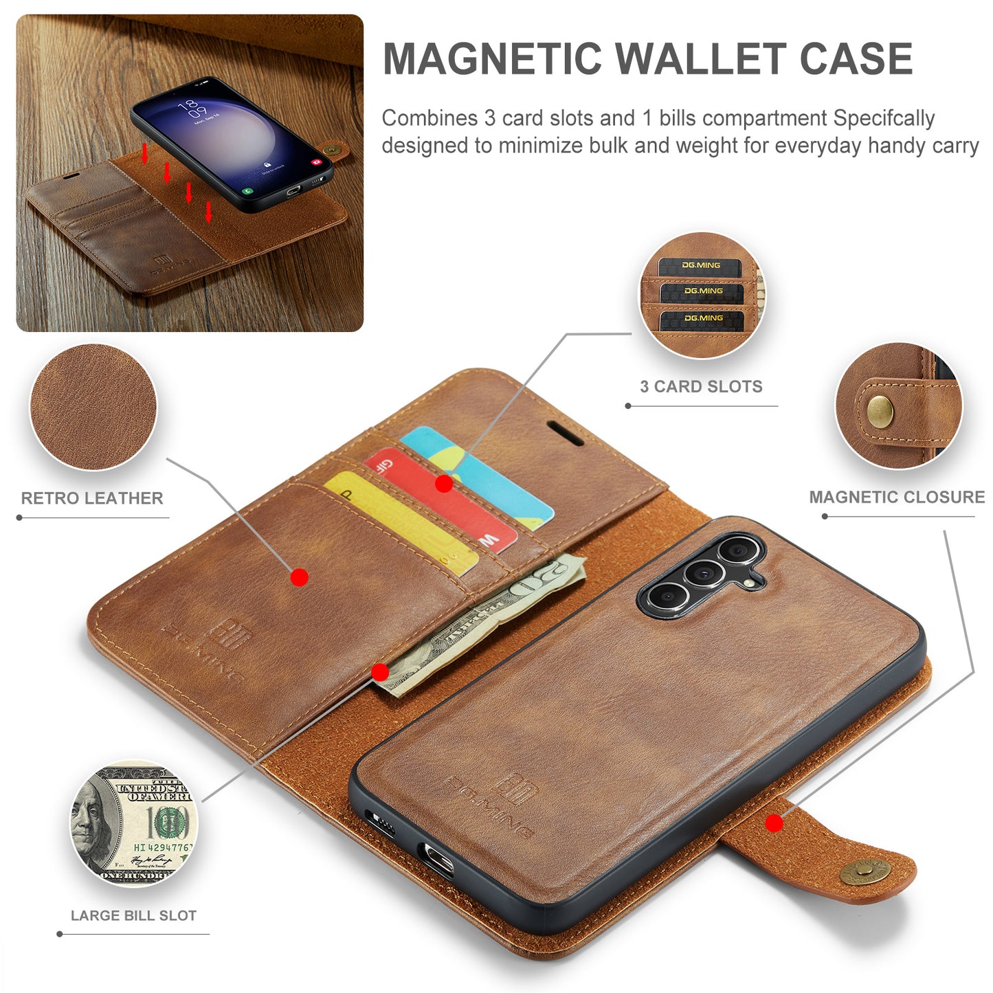 DG.MING for Samsung Galaxy A16 5G / A16 4G Case Detachable Split Leather Phone Cover - Brown