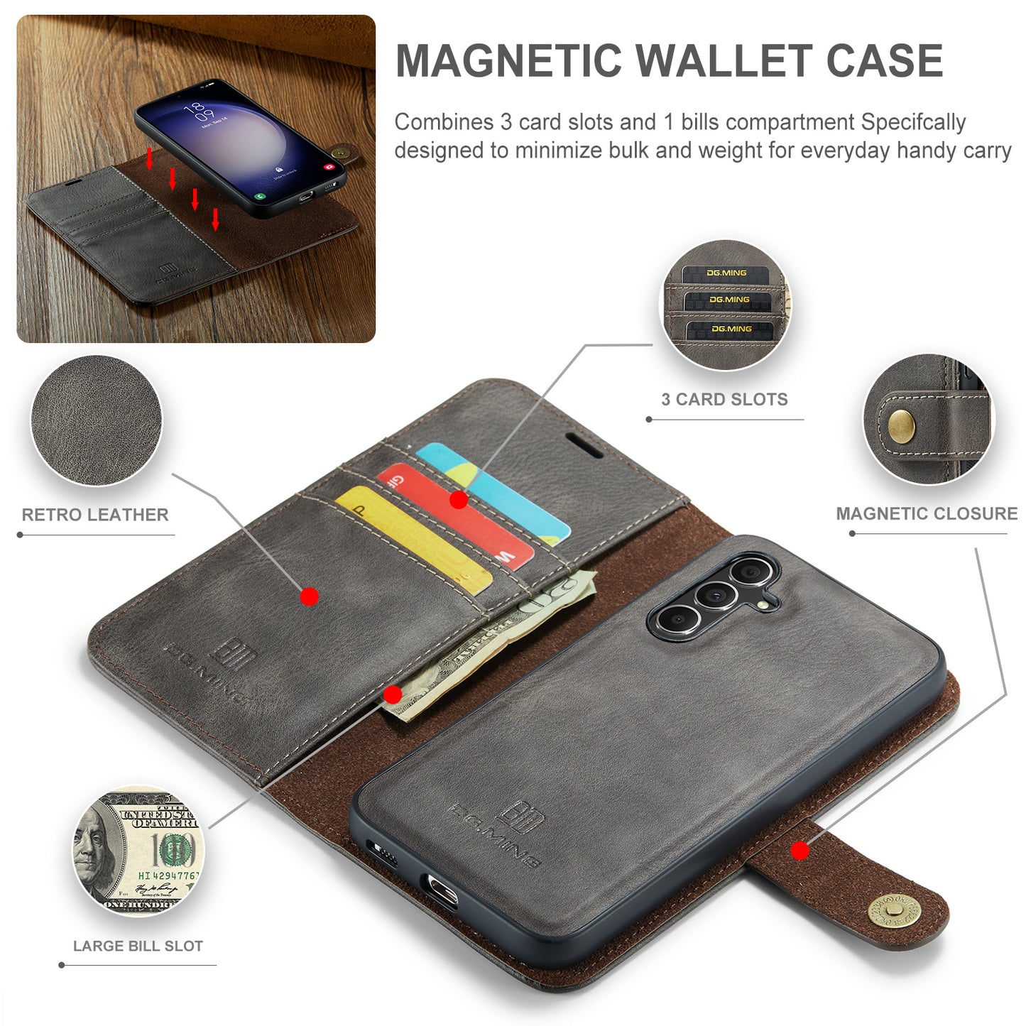 DG.MING for Samsung Galaxy A16 5G / A16 4G Case Detachable Split Leather Phone Cover - Grey
