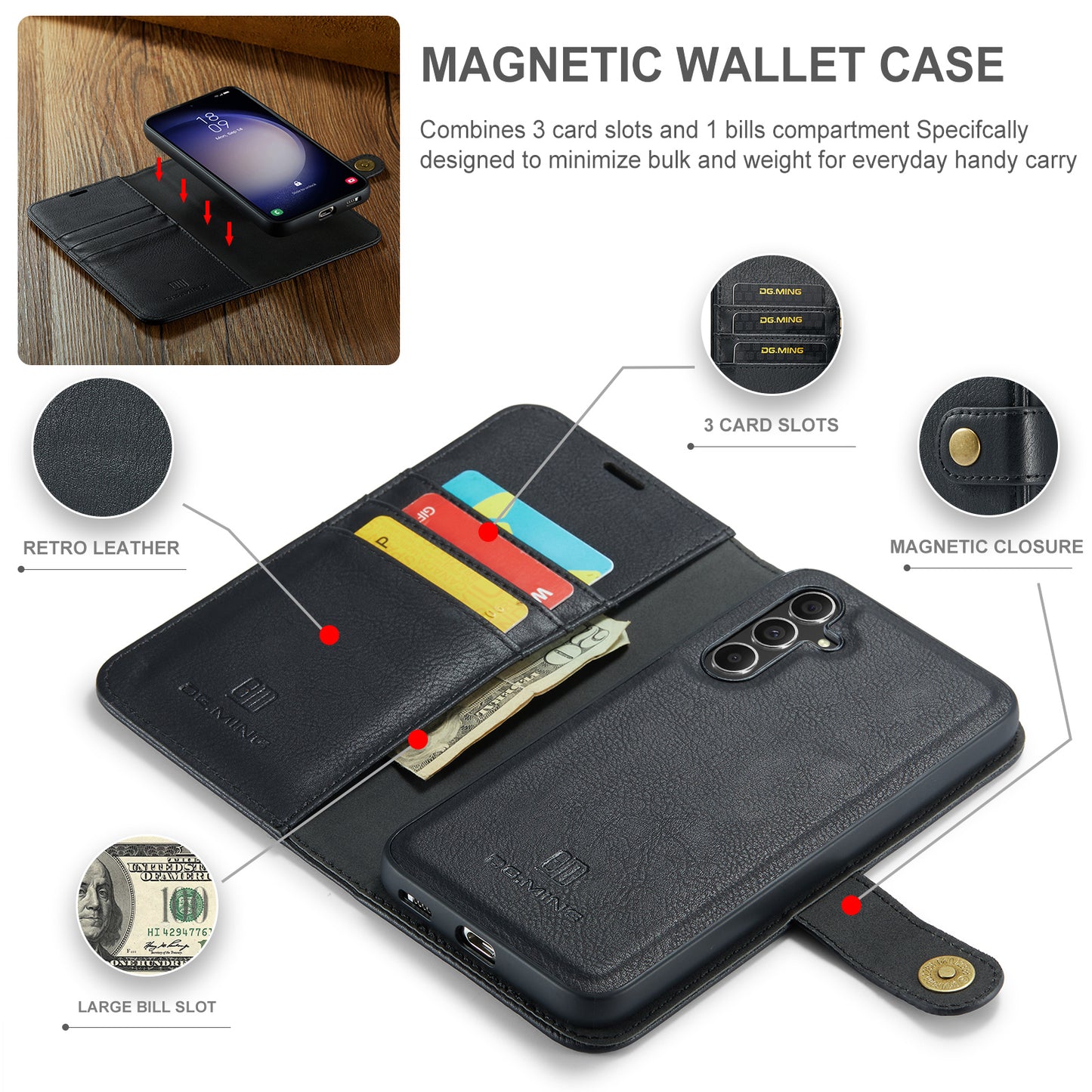 DG.MING for Samsung Galaxy A16 5G / A16 4G Case Detachable Split Leather Phone Cover - Black