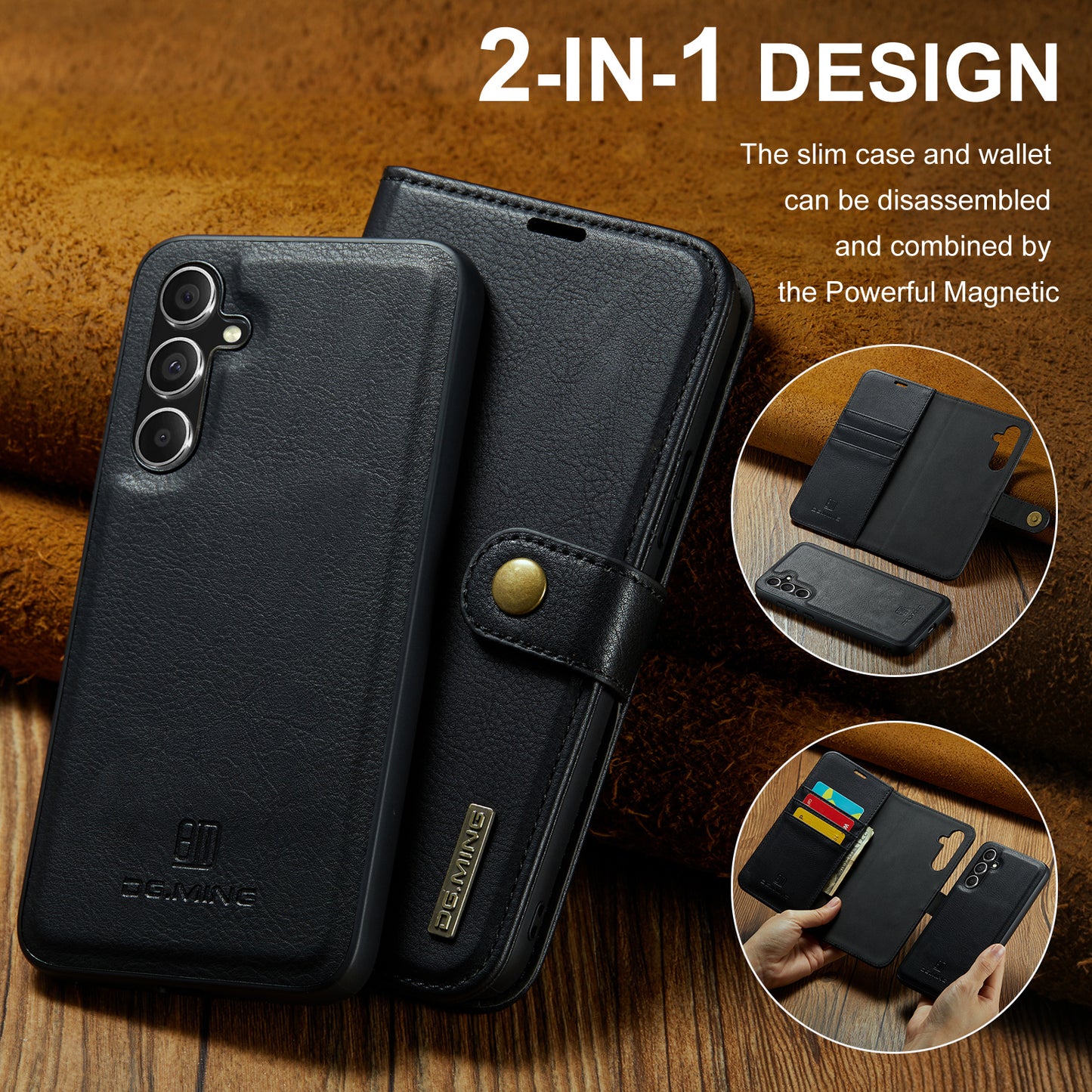 DG.MING for Samsung Galaxy A16 5G / A16 4G Case Detachable Split Leather Phone Cover - Black