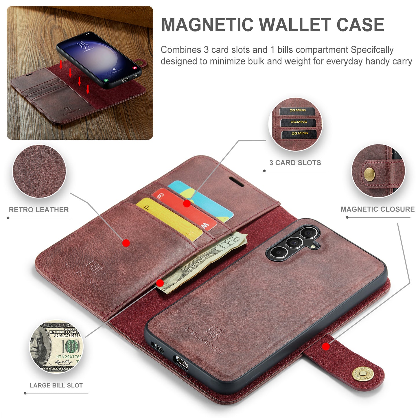 DG.MING for Samsung Galaxy A16 5G / A16 4G Case Detachable Split Leather Phone Cover - Red