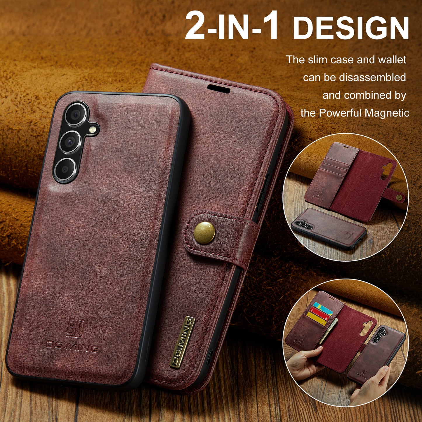 DG.MING for Samsung Galaxy A16 5G / A16 4G Case Detachable Split Leather Phone Cover - Red