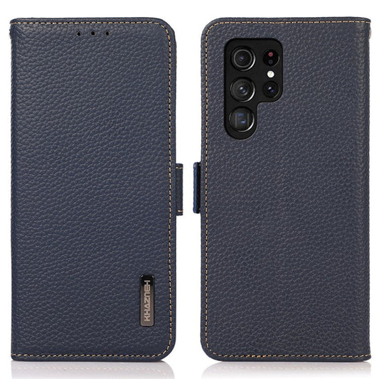 KHAZNEH For Samsung Galaxy S25 Ultra Phone Case Genuine Cow Leather Cover RFID Blocking - Blue