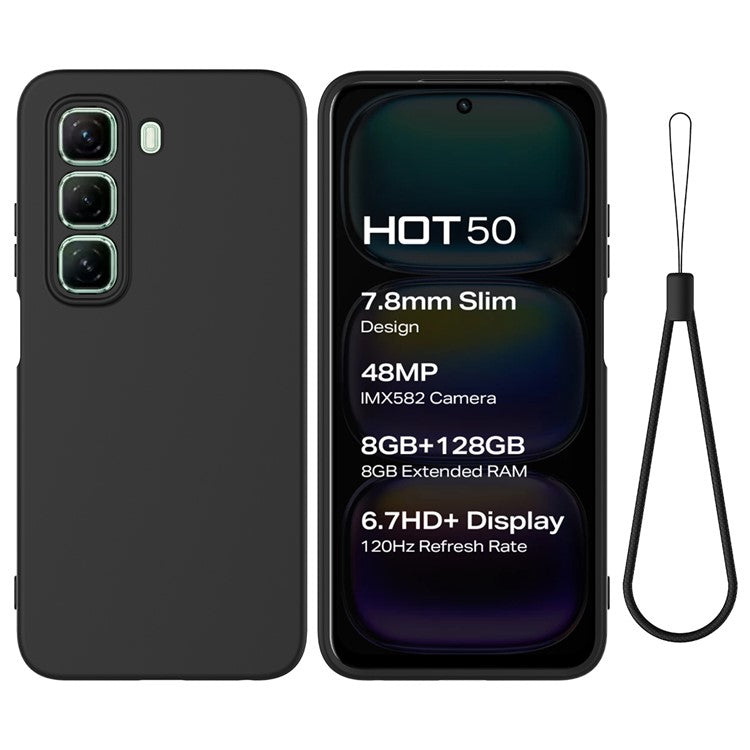 For Infinix Hot 50 4G Case Liquid Silicone Anti-Scratch Phone Cover with Hand Strap - Black