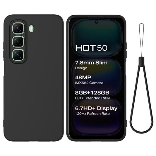 For Infinix Hot 50 4G Case Liquid Silicone Anti-Scratch Phone Cover with Hand Strap - Black