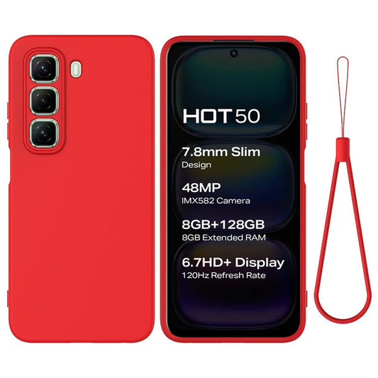 For Infinix Hot 50 4G Case Liquid Silicone Anti-Scratch Phone Cover with Hand Strap - Red