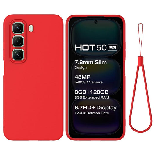 For Infinix Hot 50 5G Case Liquid Silicone Anti-Scratch Phone Cover with Hand Strap - Red