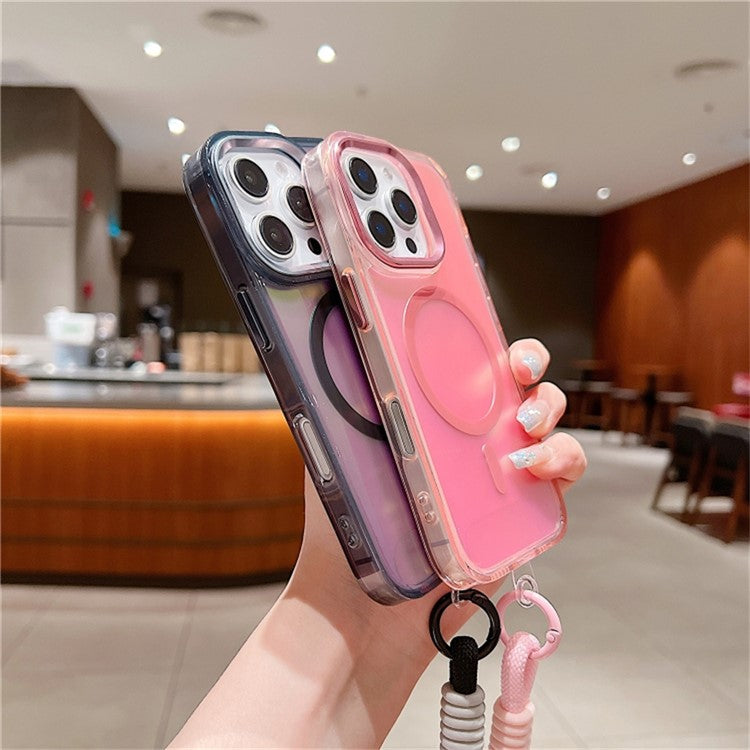 For iPhone 16 Pro Case Compatible with MagSafe Chameleon Design TPU+PC Phone Cover with Wrist Strap - Pink