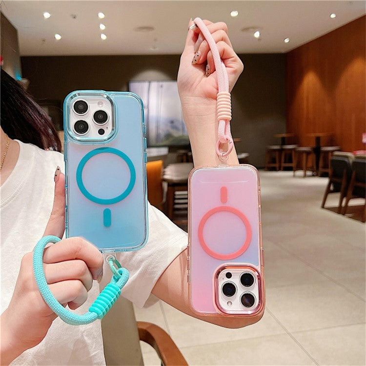 For iPhone 16 Pro Case Compatible with MagSafe Chameleon Design TPU+PC Phone Cover with Wrist Strap - Pink