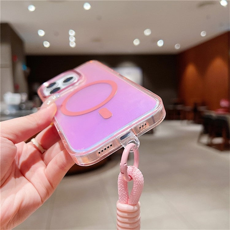 For iPhone 16 Pro Case Compatible with MagSafe Chameleon Design TPU+PC Phone Cover with Wrist Strap - Pink