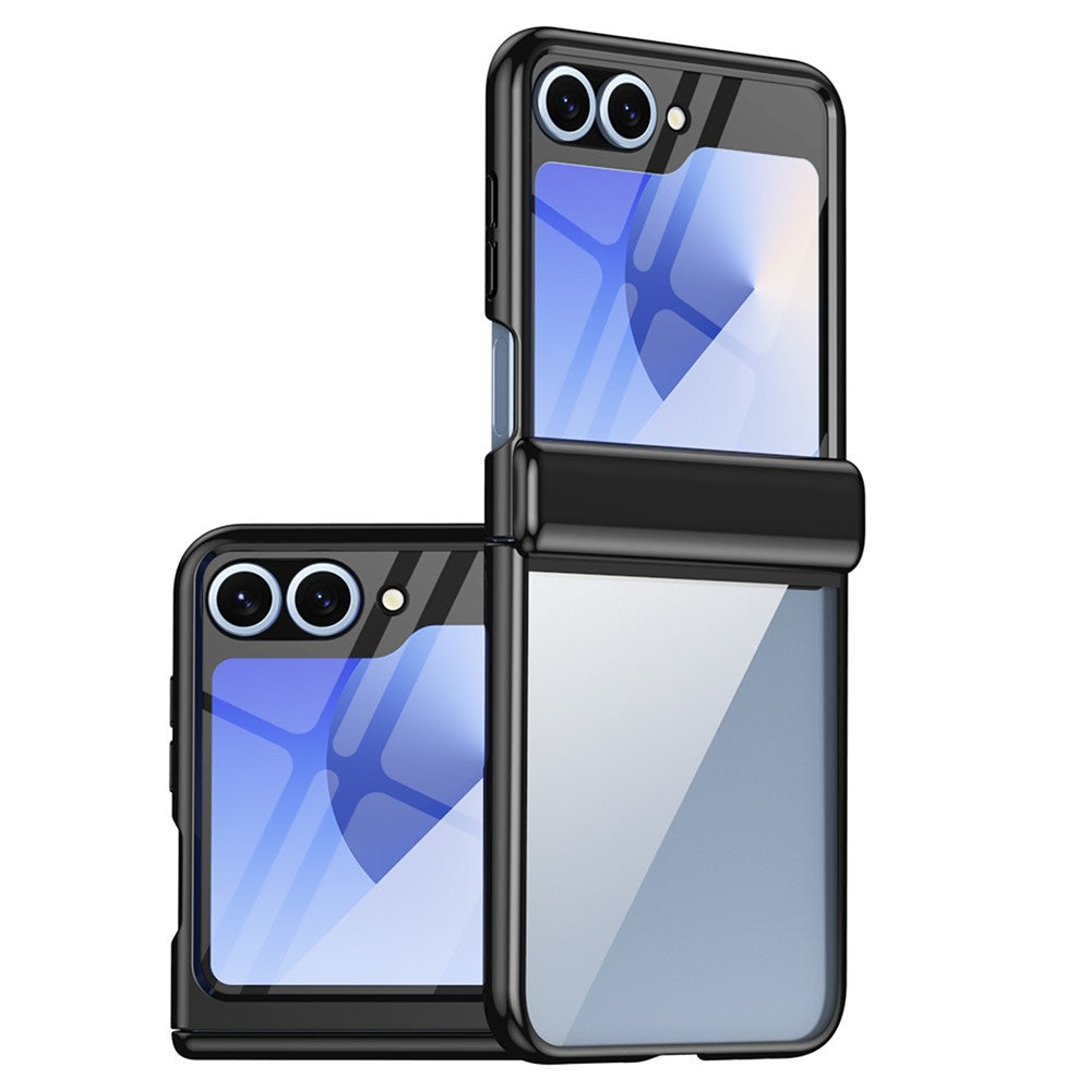 For Samsung Galaxy Z Flip7 FE 5G / Z Flip6 5G Case with Rear Screen Film Hinge Protection Electroplating Clear PC Phone Cover - Black