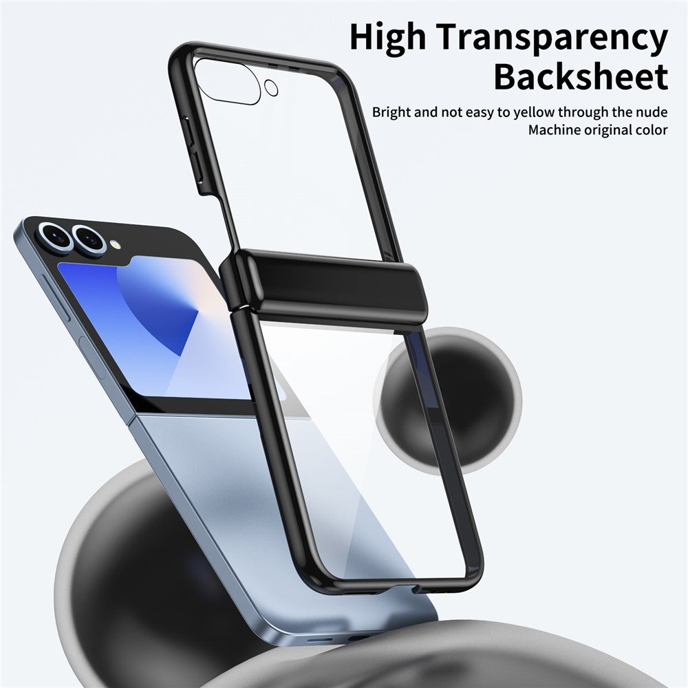 For Samsung Galaxy Z Flip7 FE 5G / Z Flip6 5G Case with Rear Screen Film Hinge Protection Electroplating Clear PC Phone Cover - Black