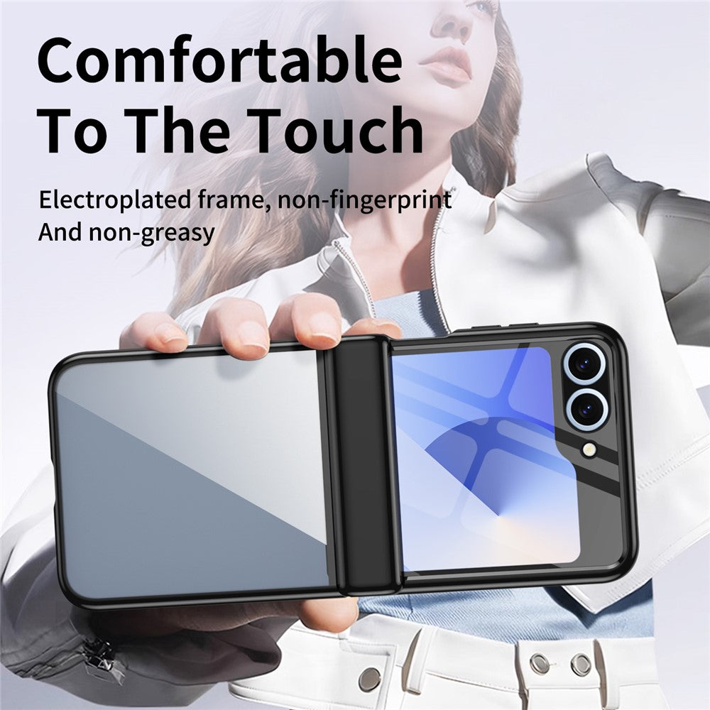 For Samsung Galaxy Z Flip7 FE 5G / Z Flip6 5G Case with Rear Screen Film Hinge Protection Electroplating Clear PC Phone Cover - Black