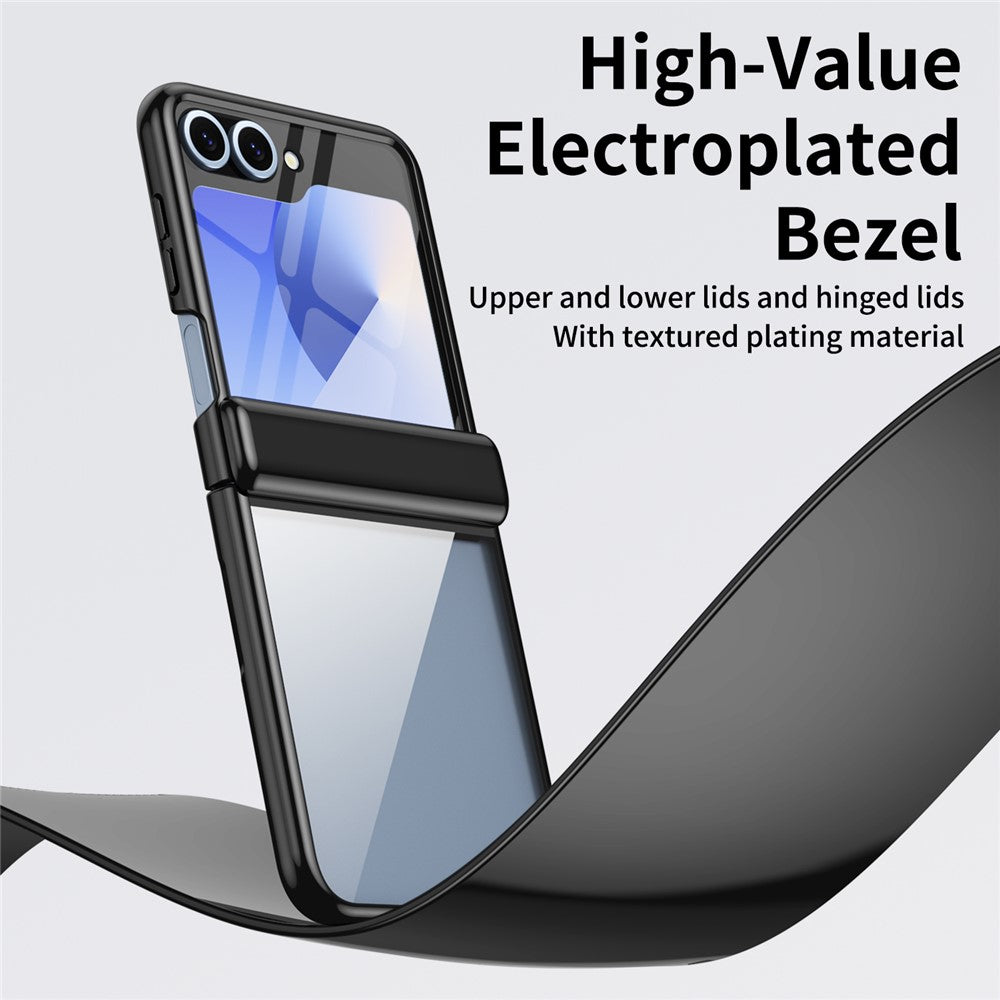 For Samsung Galaxy Z Flip7 FE 5G / Z Flip6 5G Case with Rear Screen Film Hinge Protection Electroplating Clear PC Phone Cover - Black