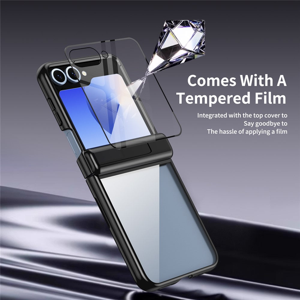 For Samsung Galaxy Z Flip7 FE 5G / Z Flip6 5G Case with Rear Screen Film Hinge Protection Electroplating Clear PC Phone Cover - Black