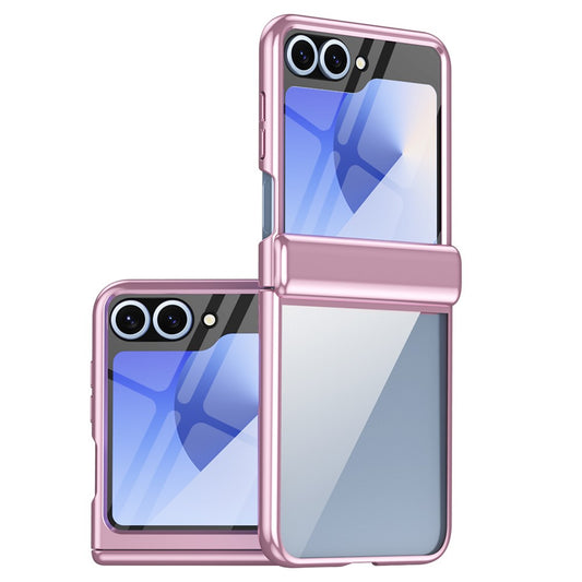 For Samsung Galaxy Z Flip7 FE 5G / Z Flip6 5G Case with Rear Screen Film Hinge Protection Electroplating Clear PC Phone Cover - Pink