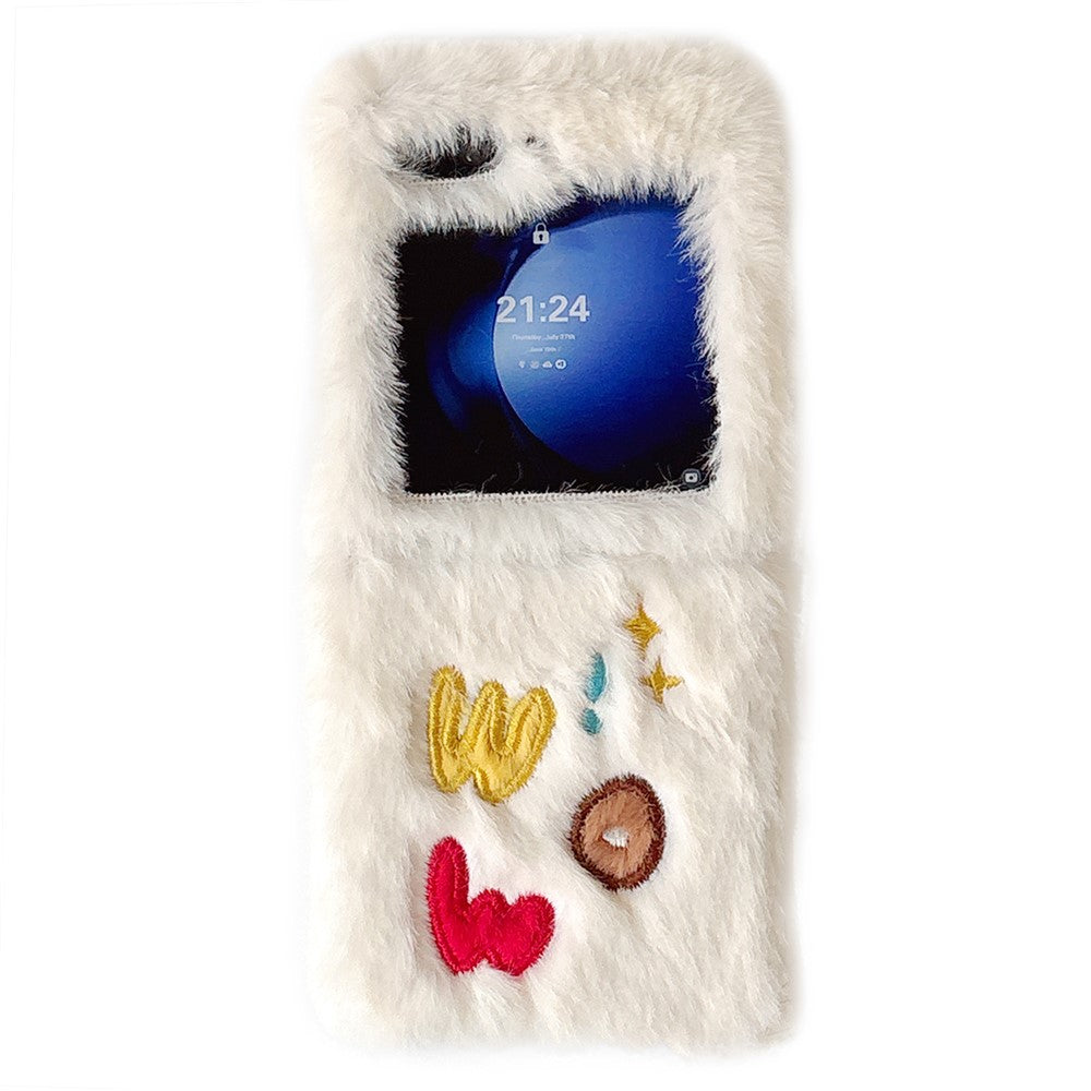 KJS-018 For Samsung Galaxy Z Flip7 FE 5G / Z Flip6 5G Case Embroidered WOW Soft Plush Hard PC Phone Cover - White
